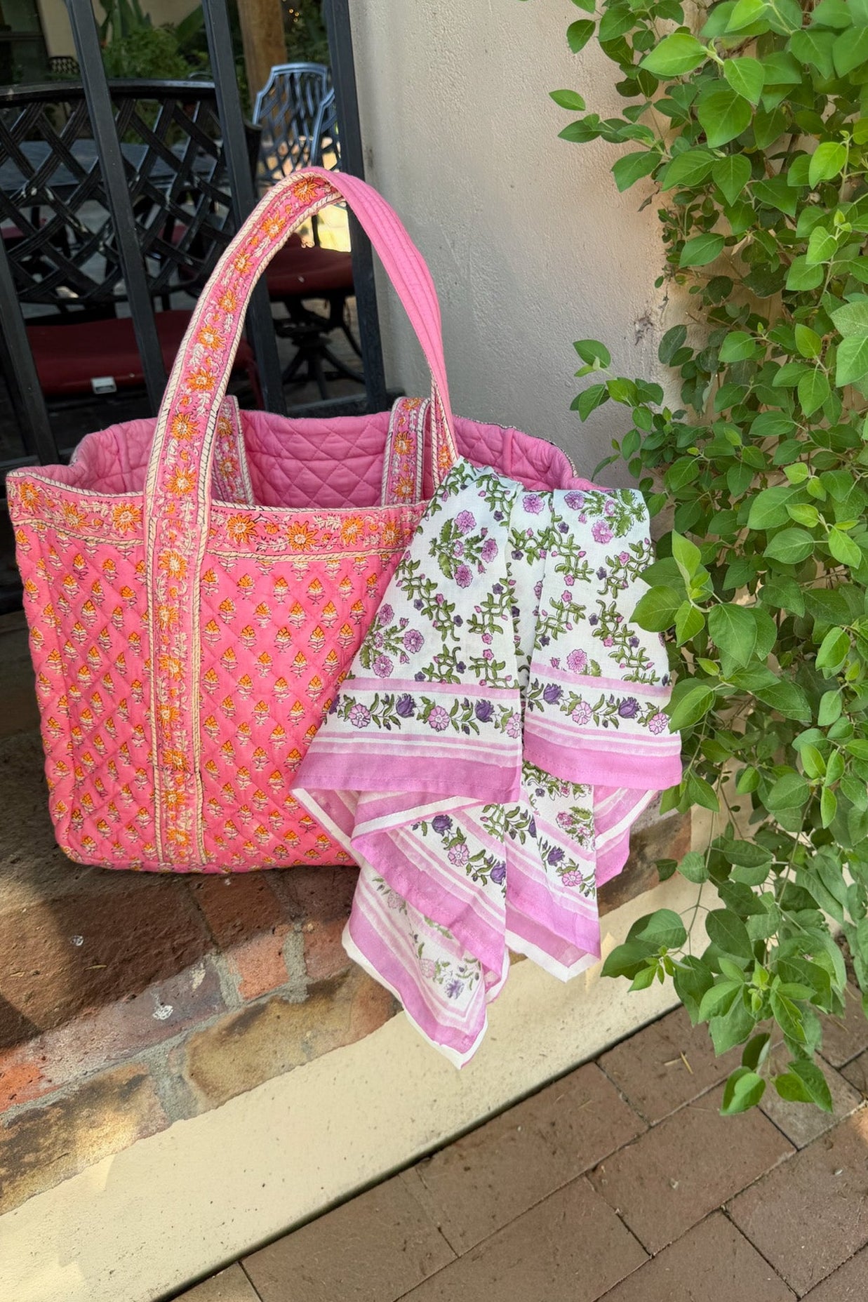 Market Quilted Tote Bag in Pink and Orange