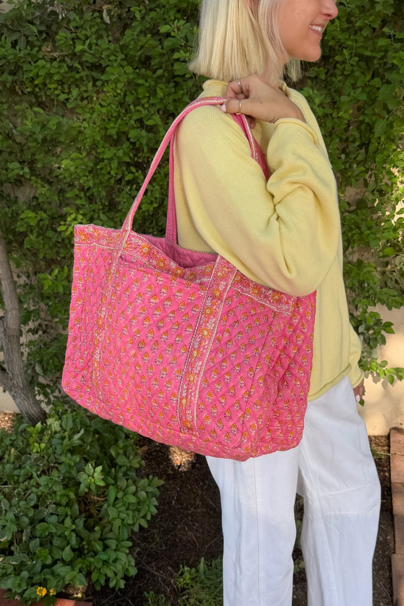 Market Quilted Tote Bag in Pink and Orange
