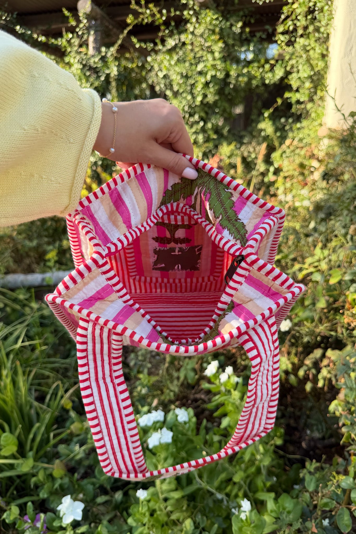 Mini Market Striped Quilted Tote Bag in Pink Poppy