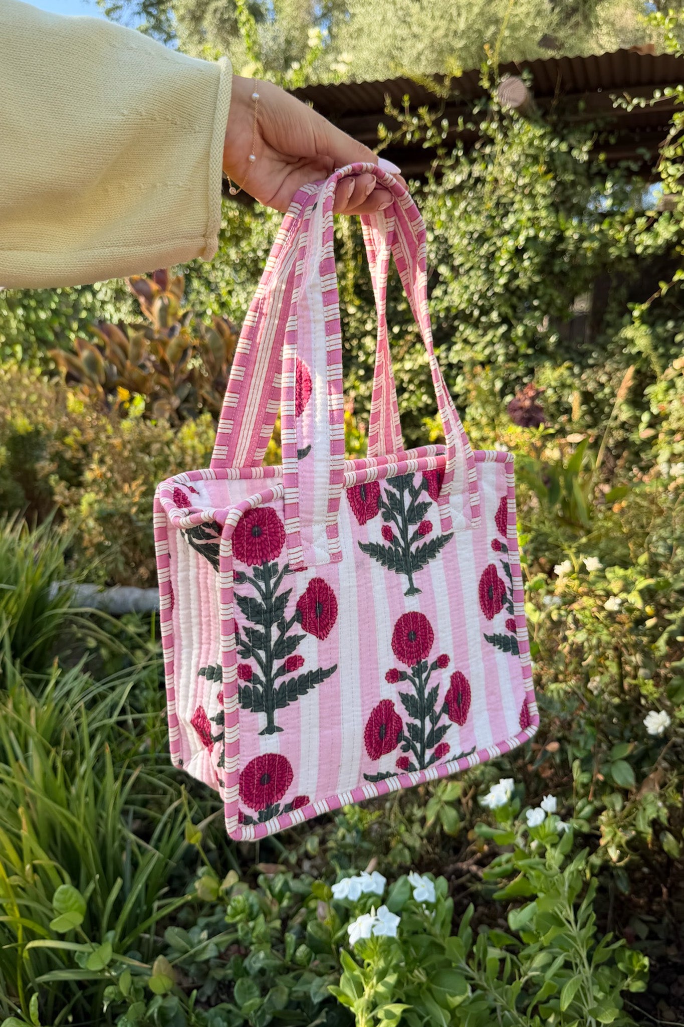 Mini Market Striped Quilted Tote Bag in Floral Baby Pink