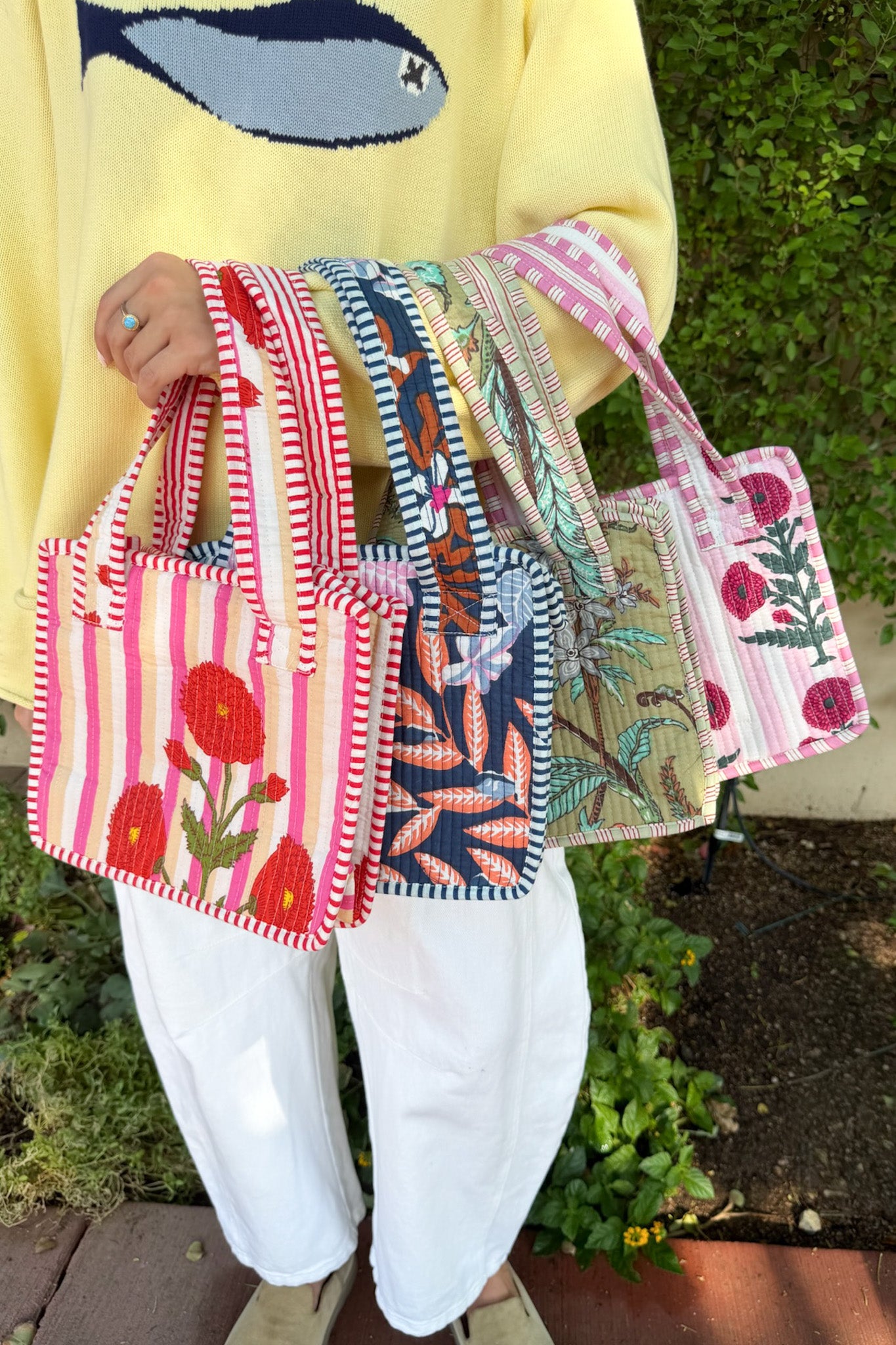 Mini Market Striped Quilted Tote Bag in Pink Poppy