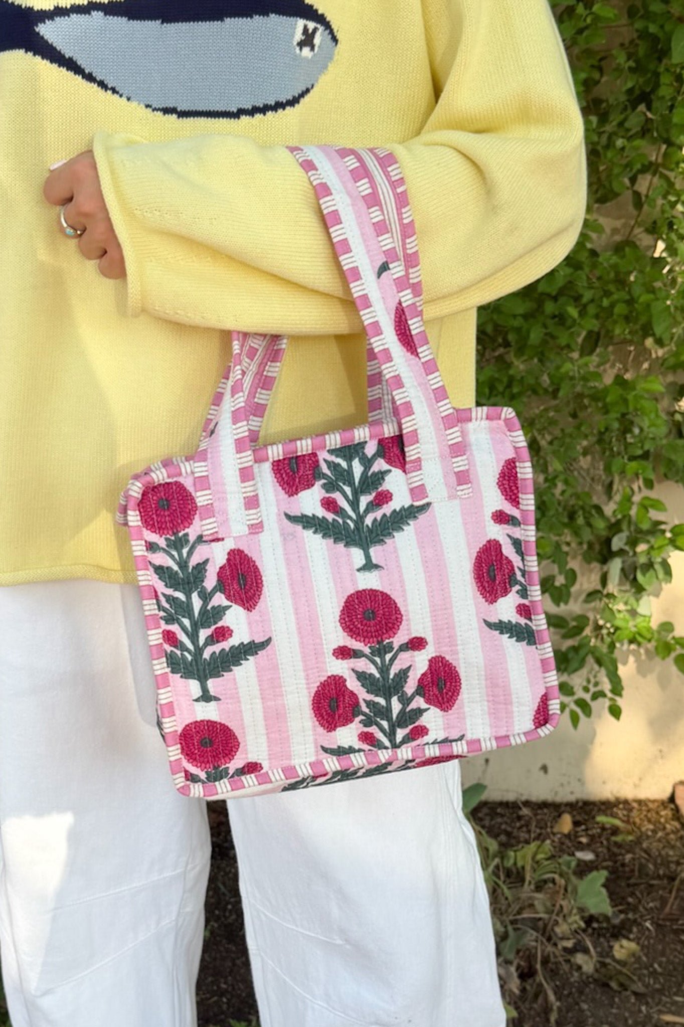 Mini Market Striped Quilted Tote Bag in Floral Baby Pink