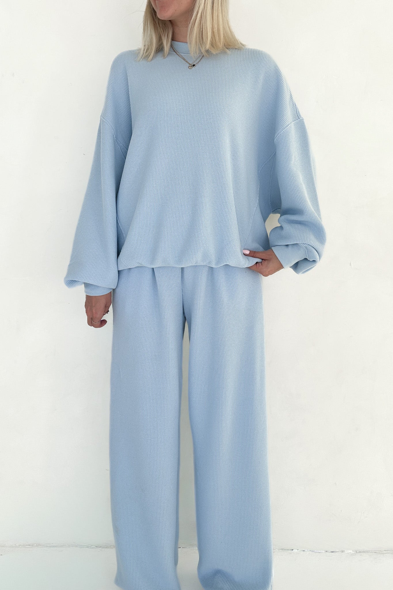 Sundays Waffle Knit Straight Leg Pants in Baby Blue - Neutral Ground