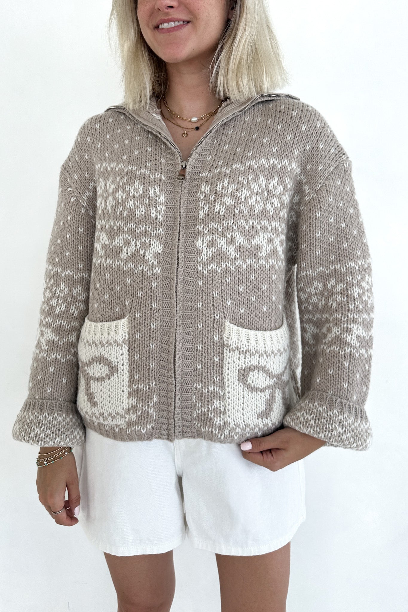 Claire Ribbon Zip Up Cardigan in Neutral