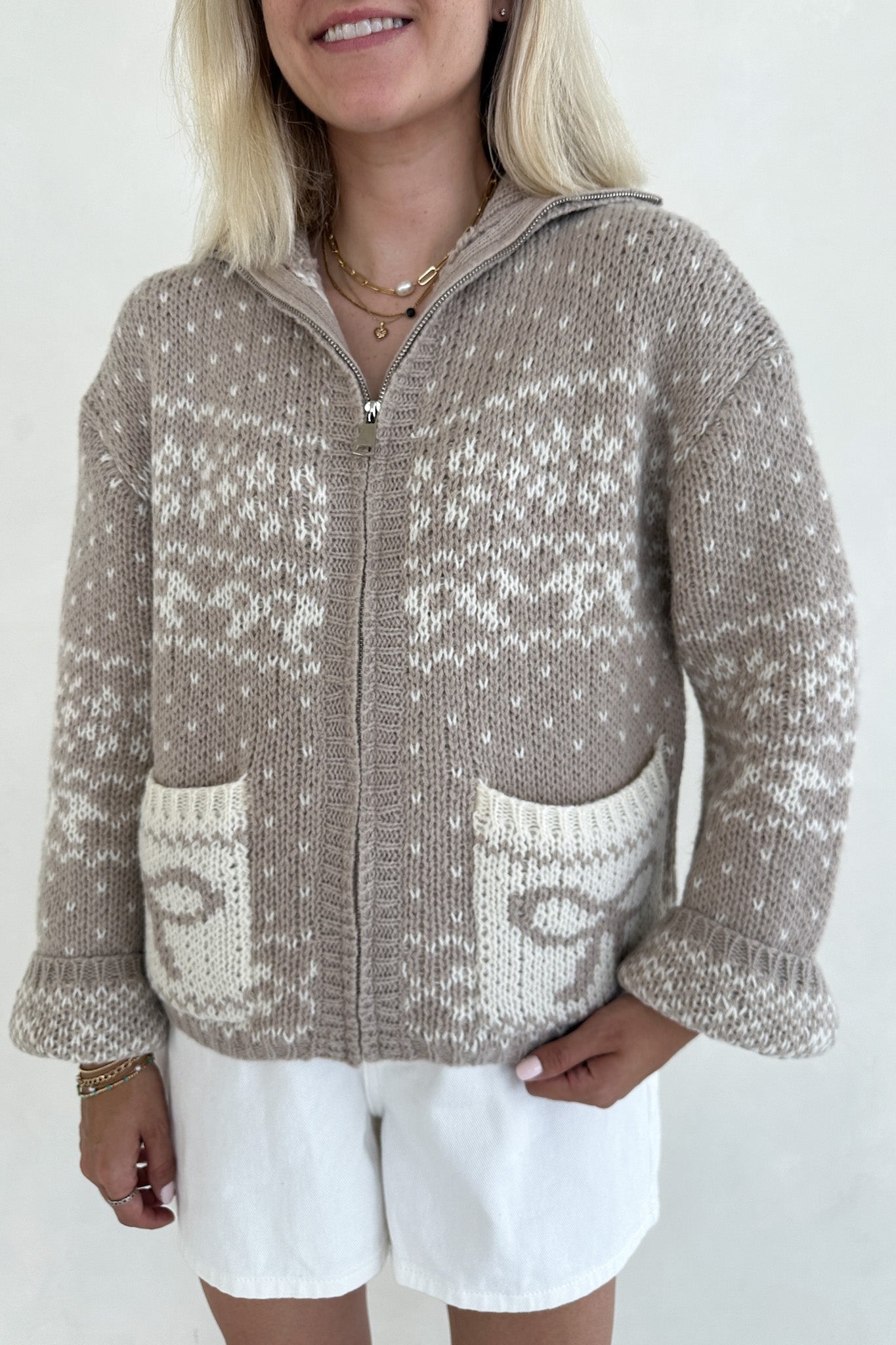 Claire Ribbon Zip Up Cardigan in Neutral