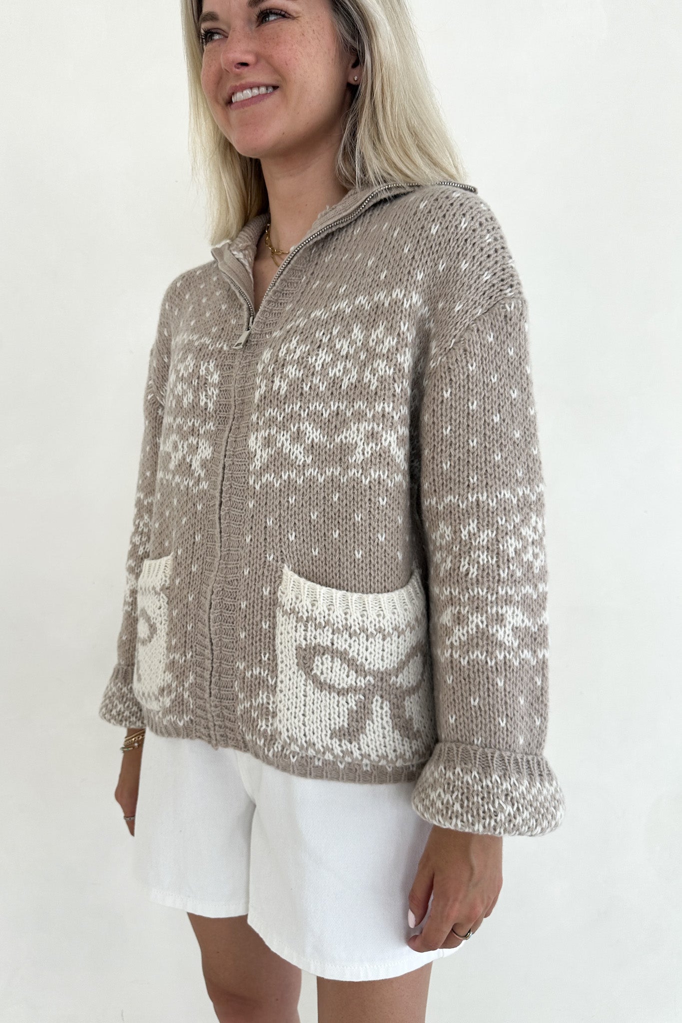 Claire Ribbon Zip Up Cardigan in Neutral