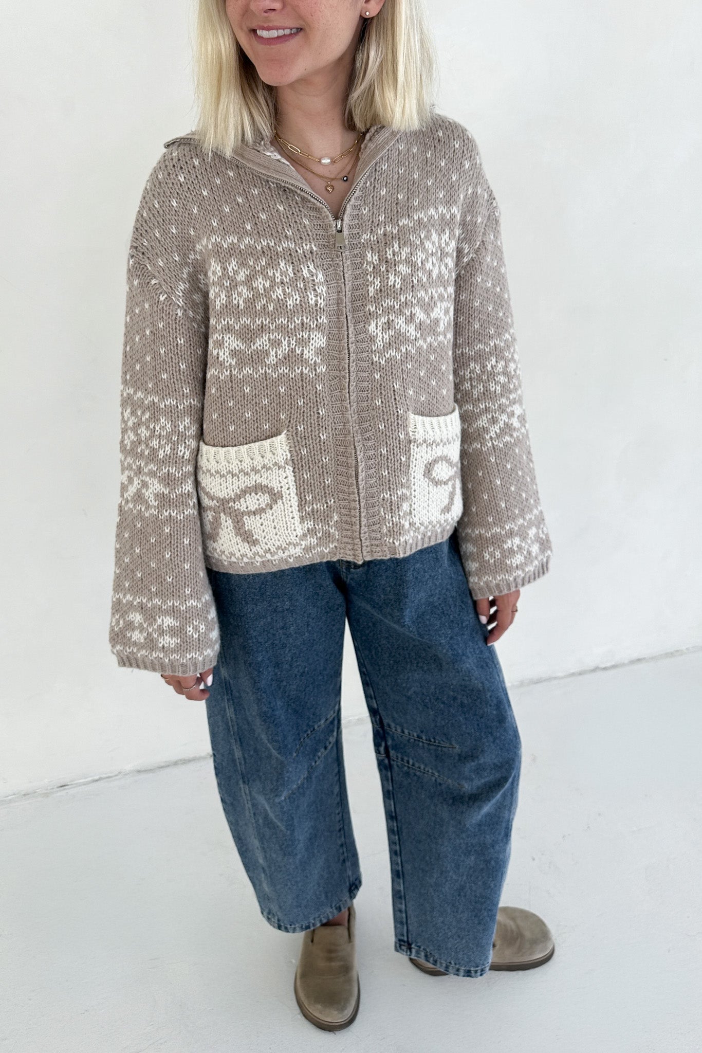 Claire Ribbon Zip Up Cardigan in Neutral