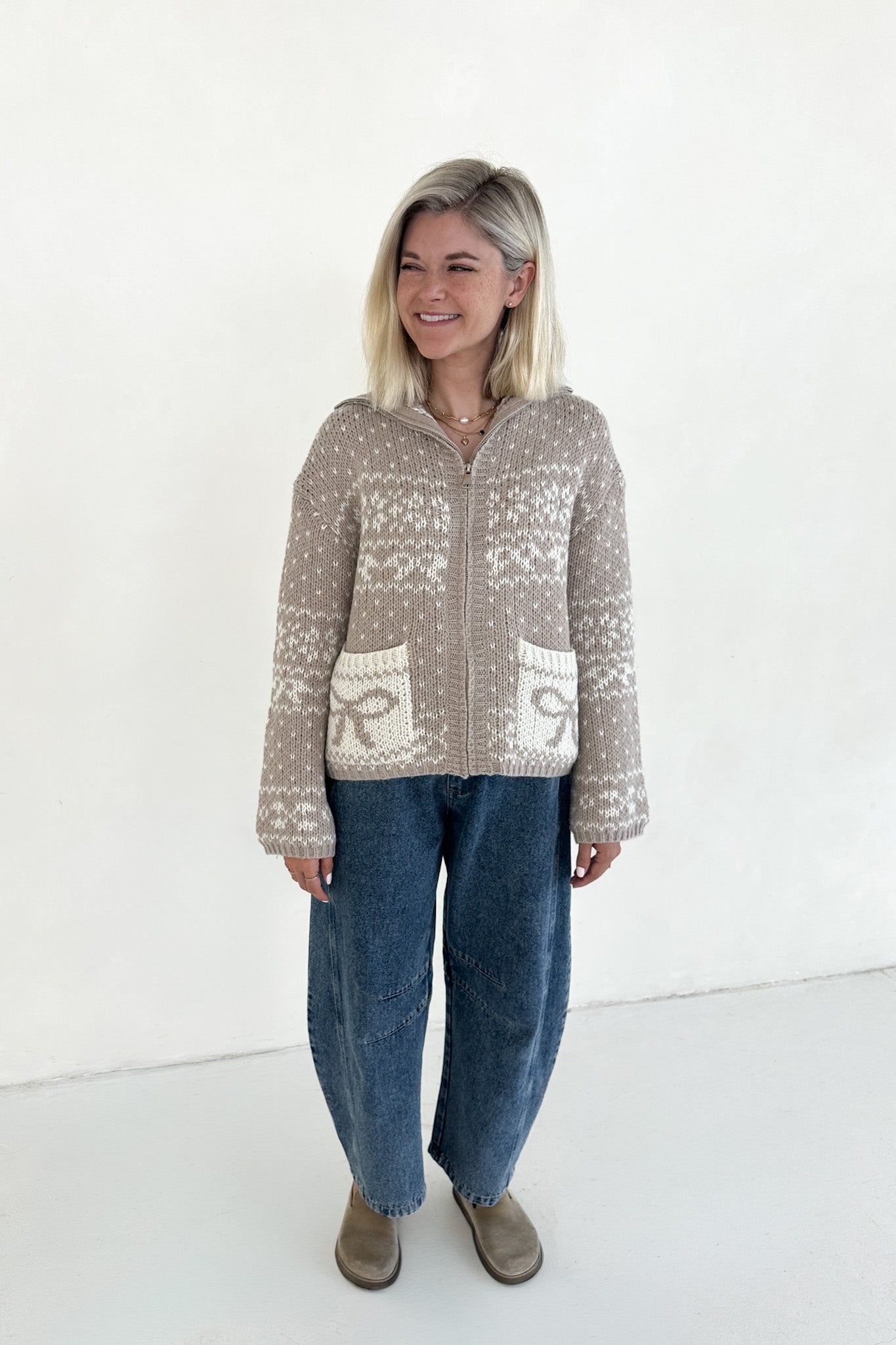 Claire Ribbon Zip Up Cardigan in Neutral