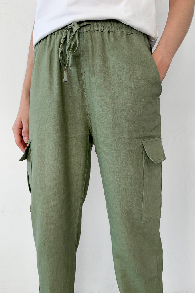 Briar Linen Cargo Jogger Pants in Olive