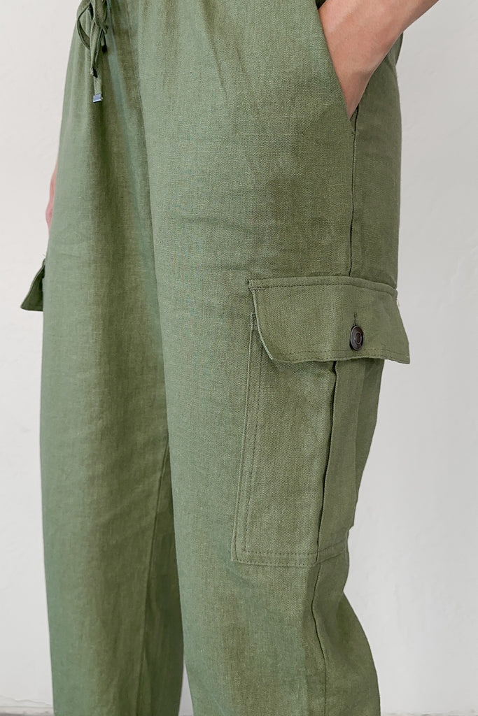 Briar Linen Cargo Jogger Pants in Olive