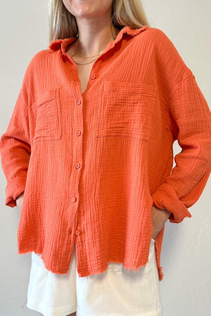 Newport Cotton Button Down Shirt in Orange
