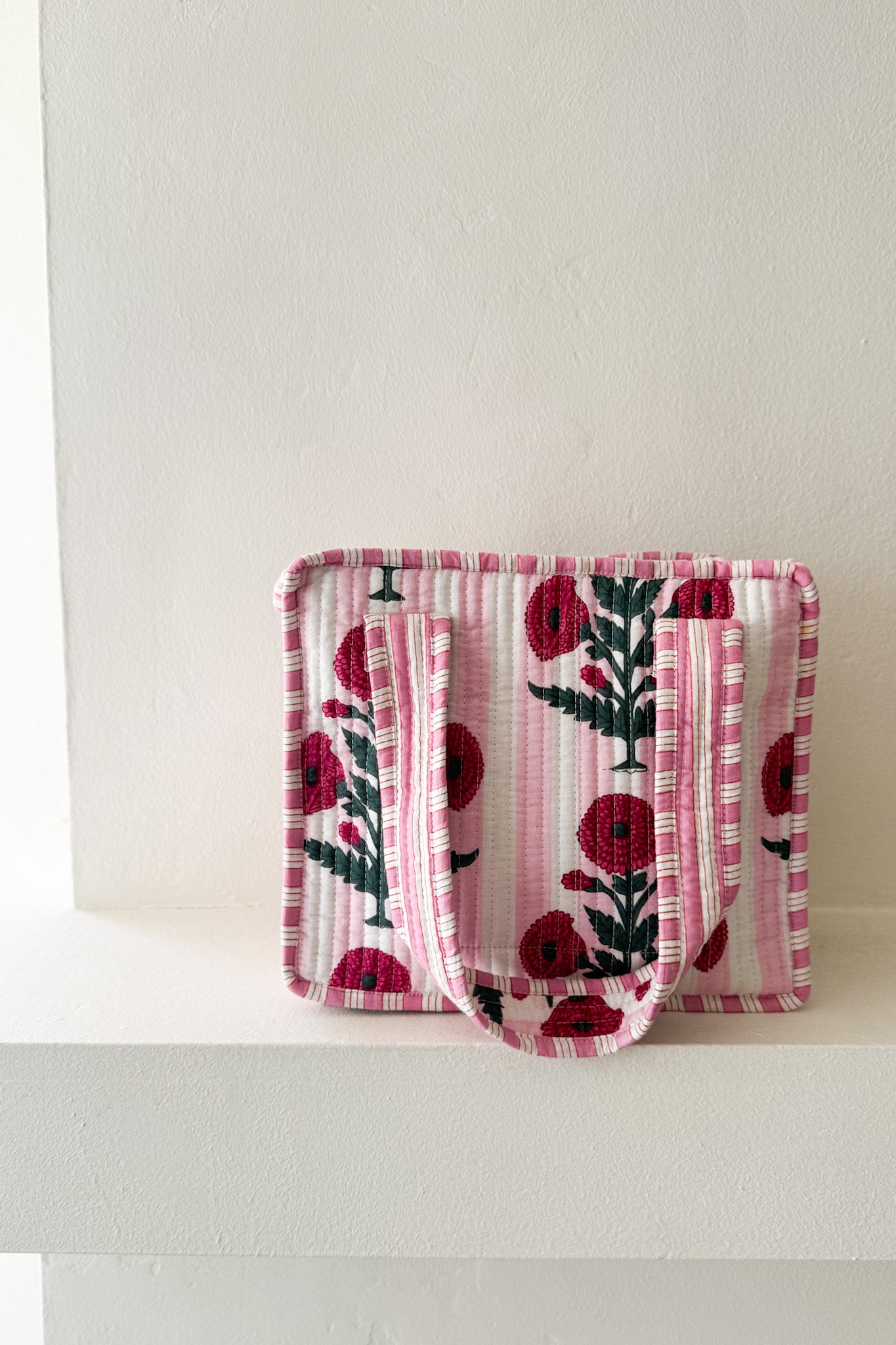 Mini Market Striped Quilted Tote Bag in Floral Baby Pink