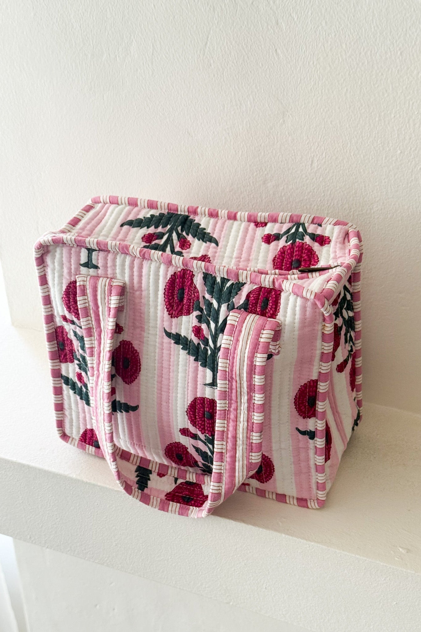 Mini Market Striped Quilted Tote Bag in Floral Baby Pink