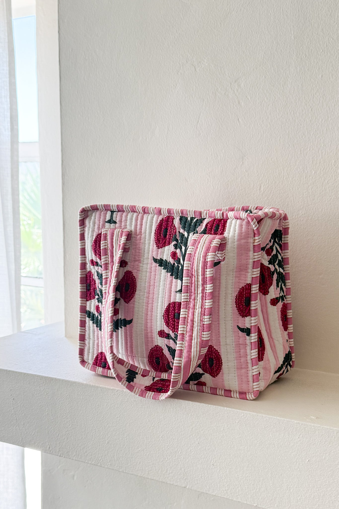 Mini Market Striped Quilted Tote Bag in Floral Baby Pink