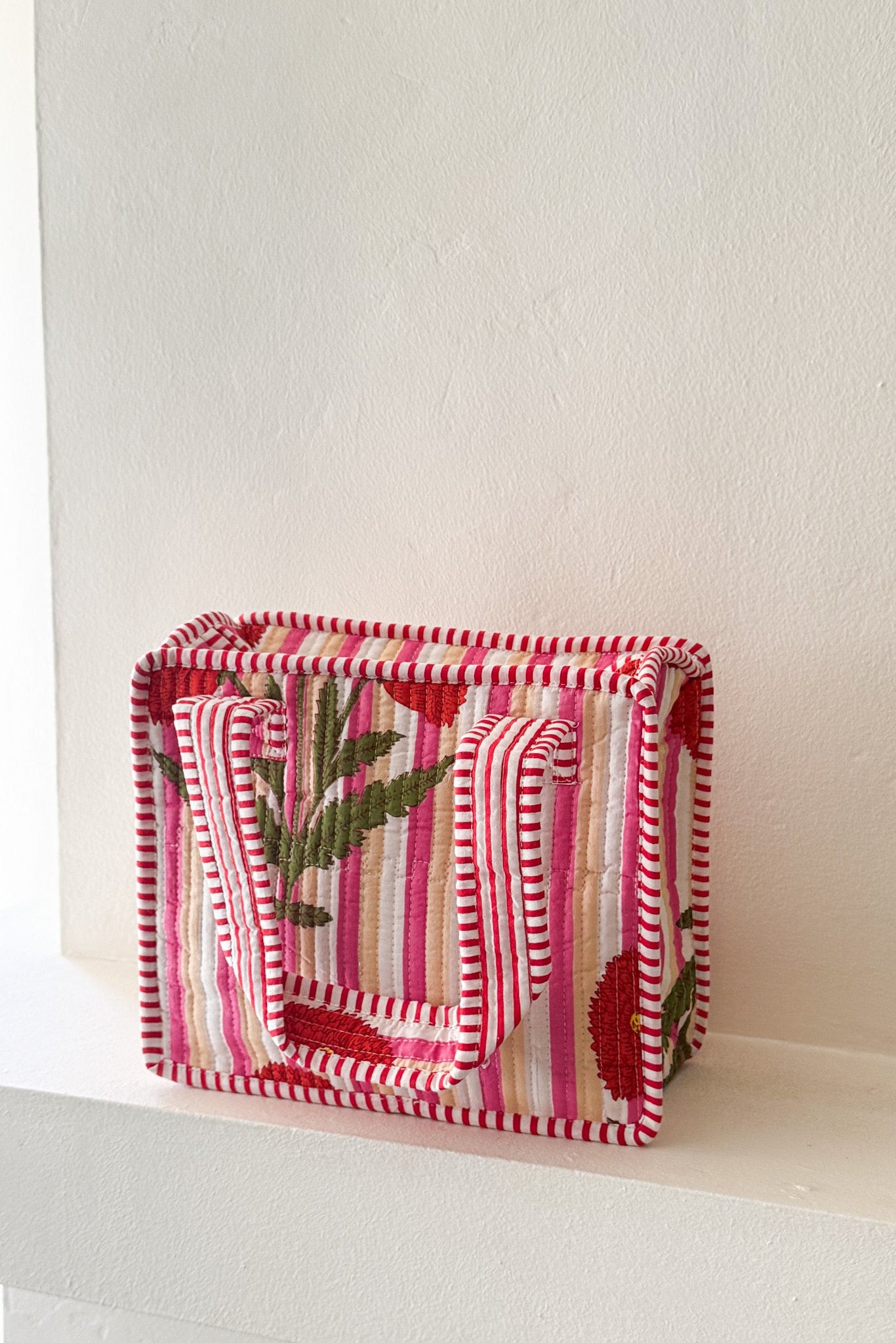 Mini Market Striped Quilted Tote Bag in Pink Poppy
