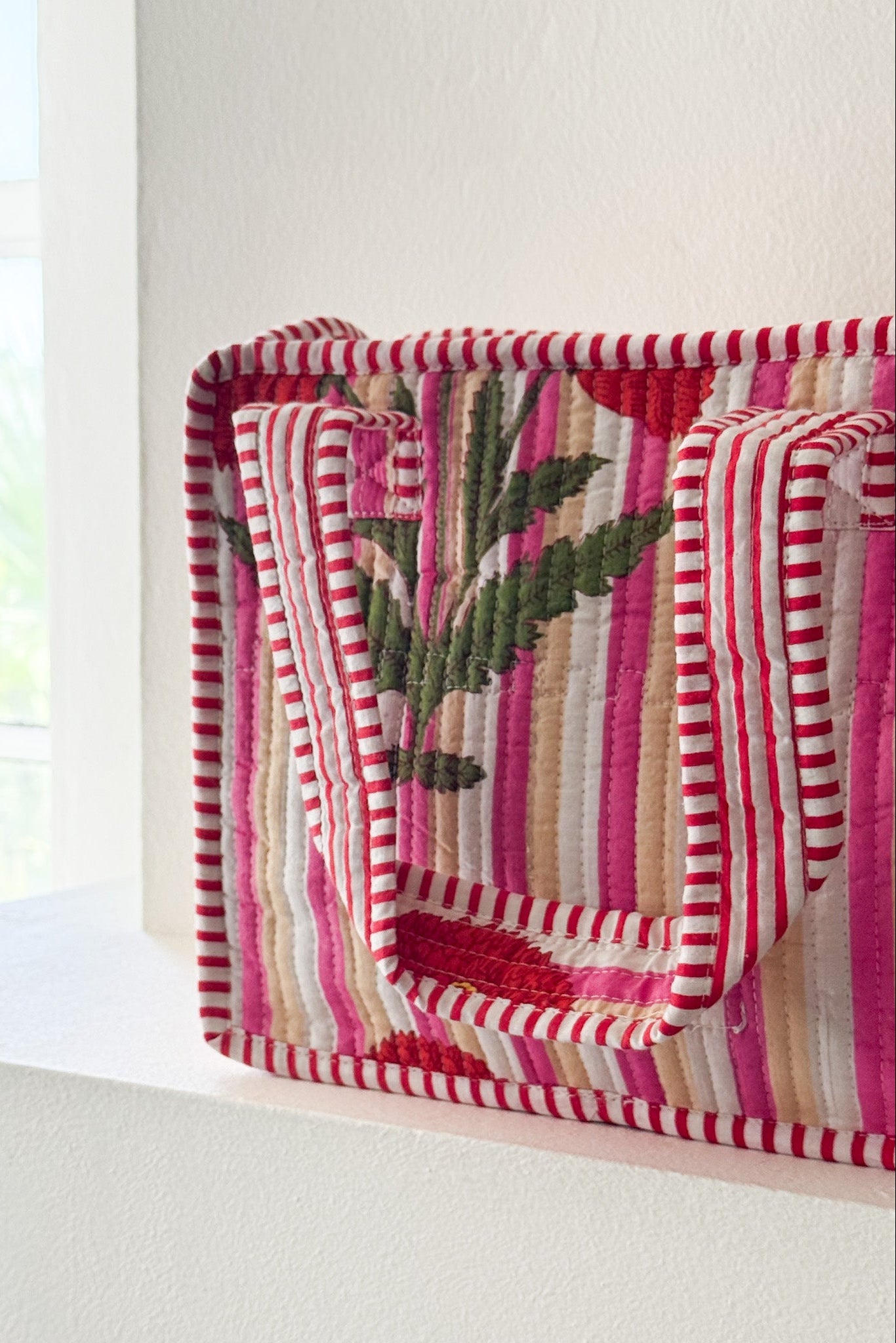 Mini Market Striped Quilted Tote Bag in Pink Poppy