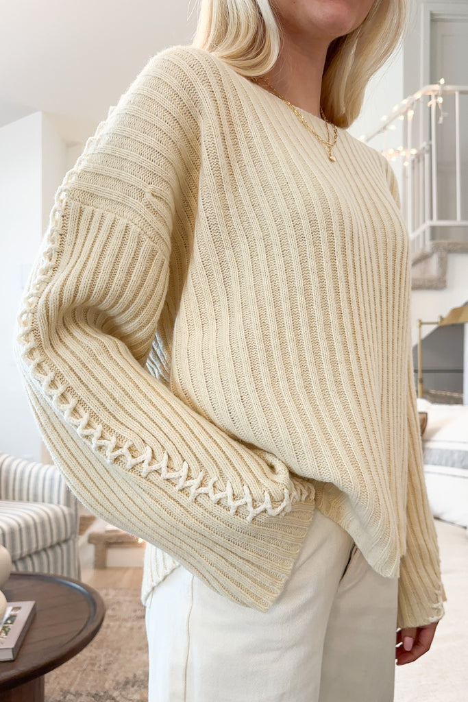 Daisy Stitch Details Knit Sweater in Natural