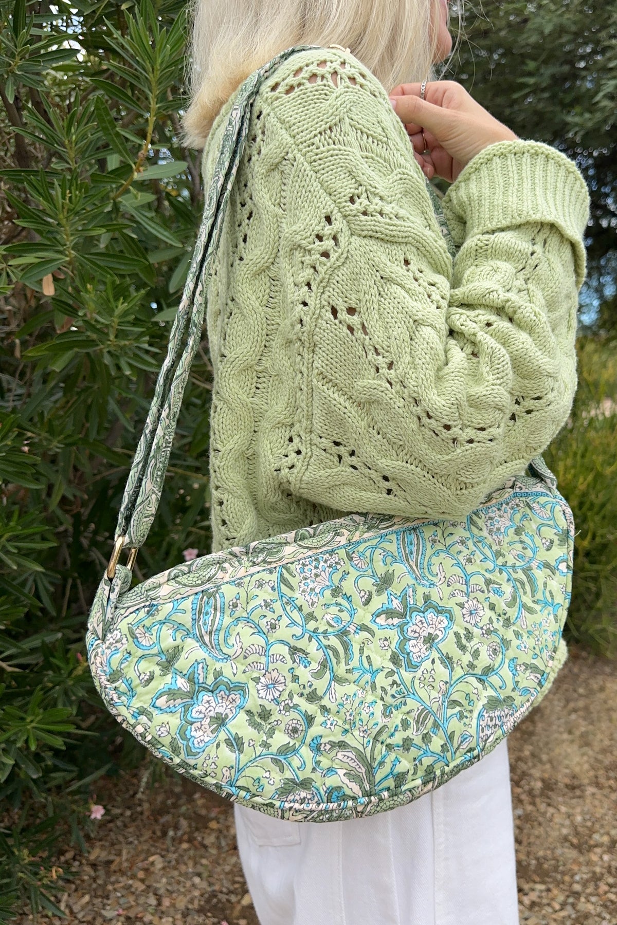 Daytrip Quilted Crossbody Bag in Sage and Blue