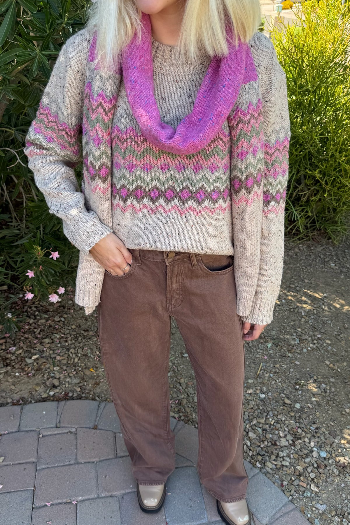 The Highlands Faire Isle Knit Pullover Sweater in Pink & Oatmeal