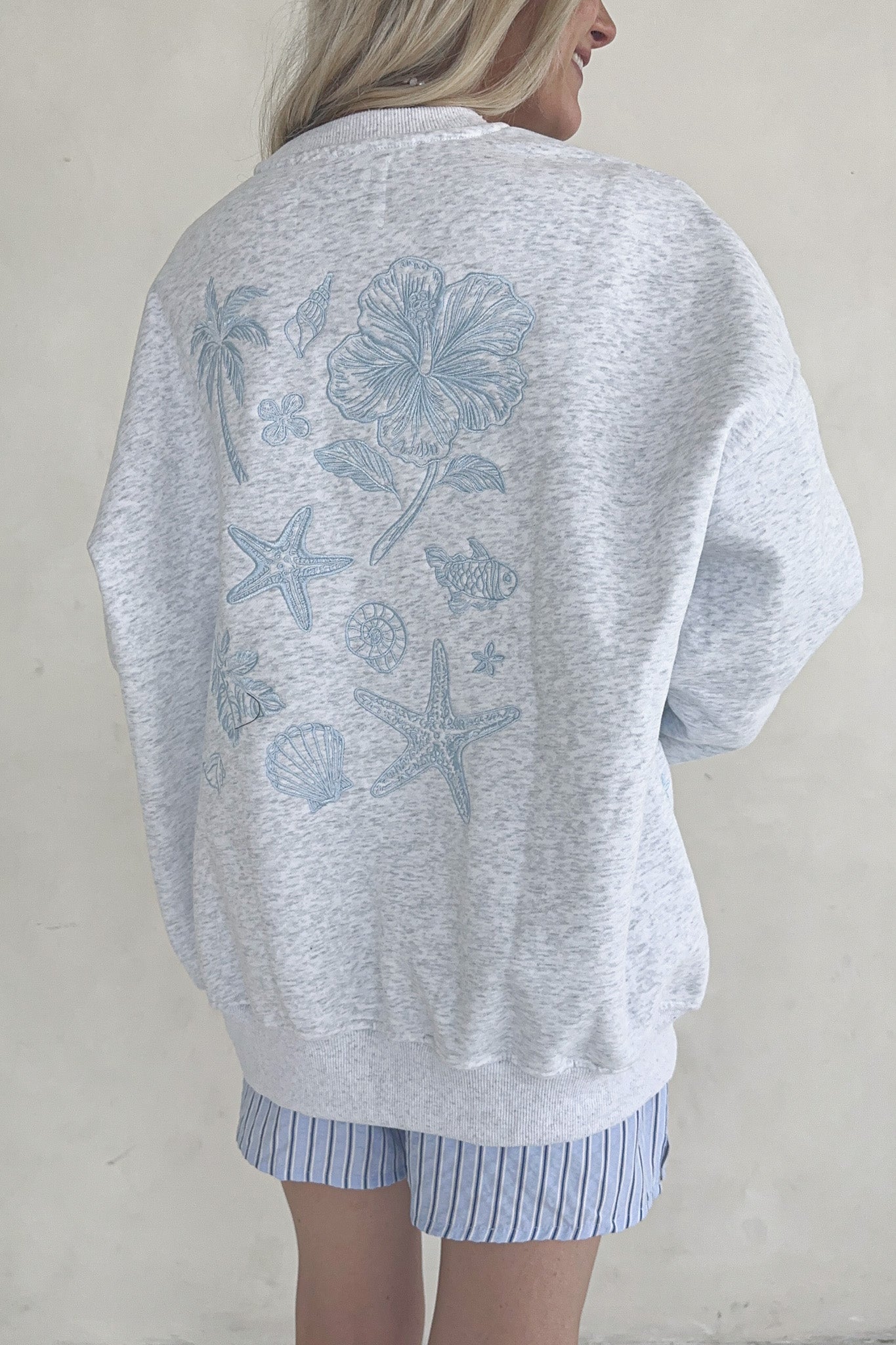 Beach House Tropical Embroidered Sweatshirt in Pearl Grey