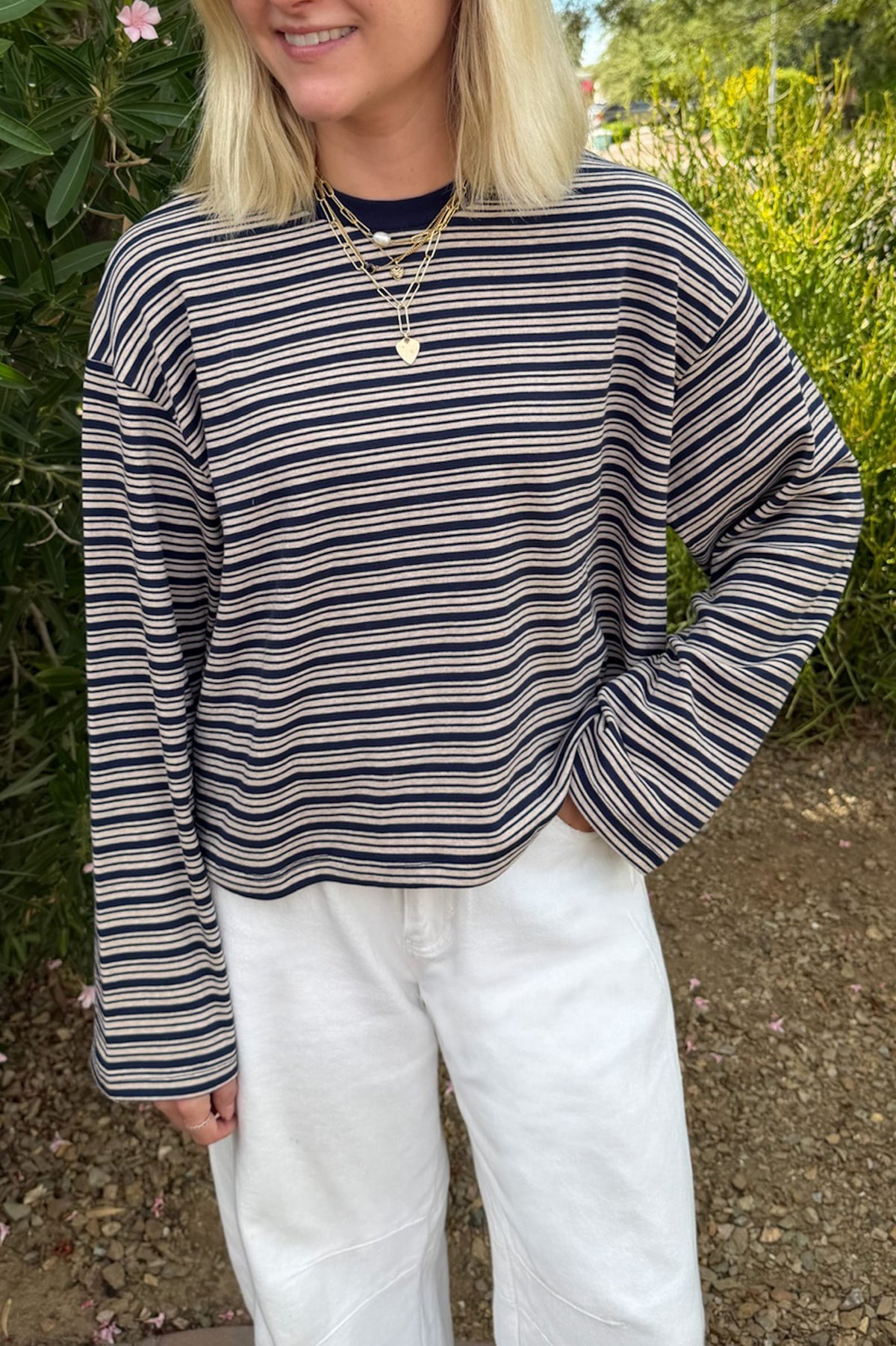 Studio Striped Lightweight Long Sleeve Top in Navy