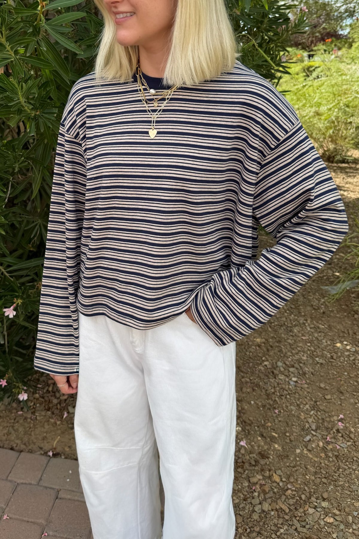 Studio Striped Lightweight Long Sleeve Top in Navy