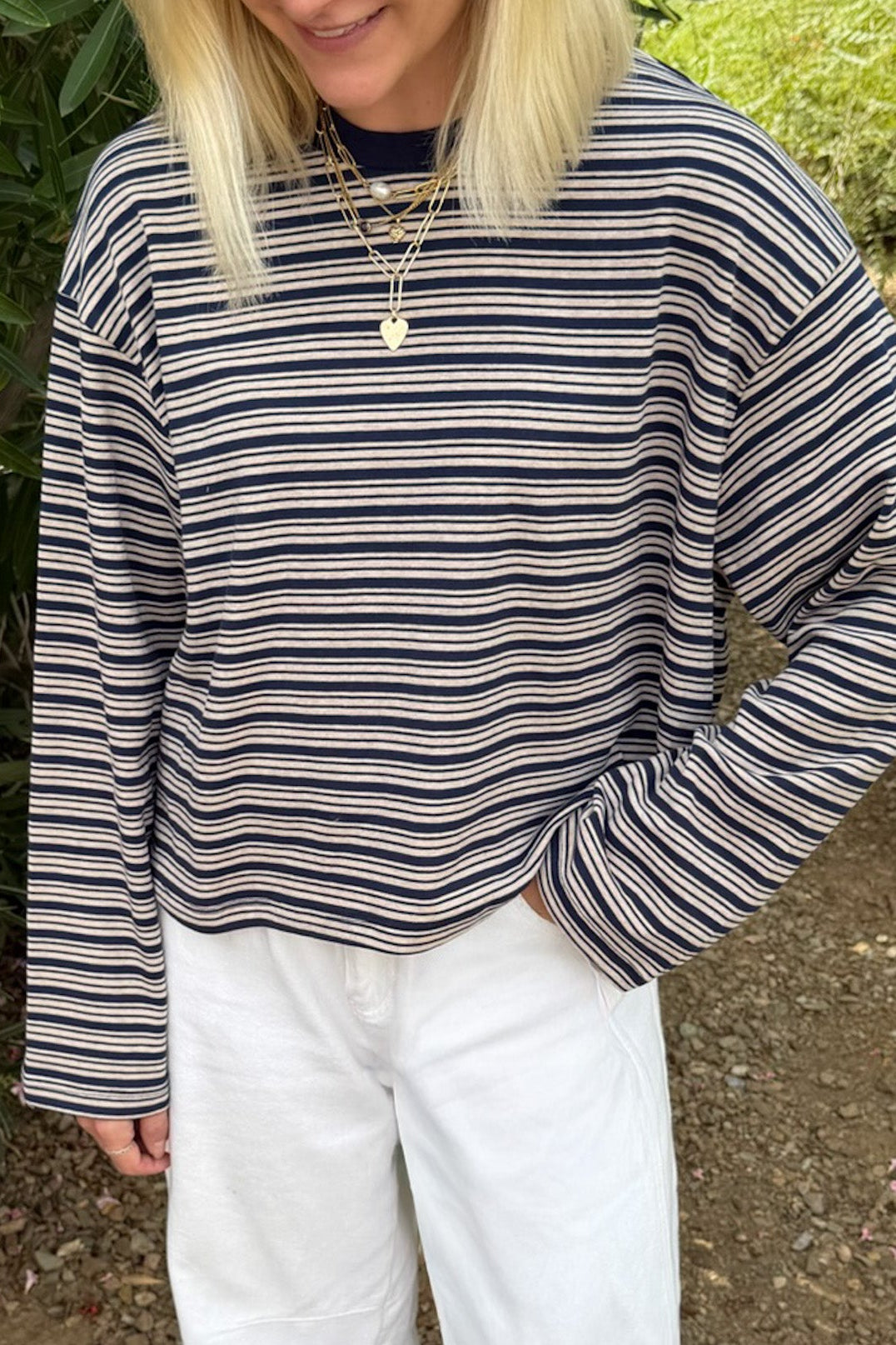 Studio Striped Lightweight Long Sleeve Top in Navy