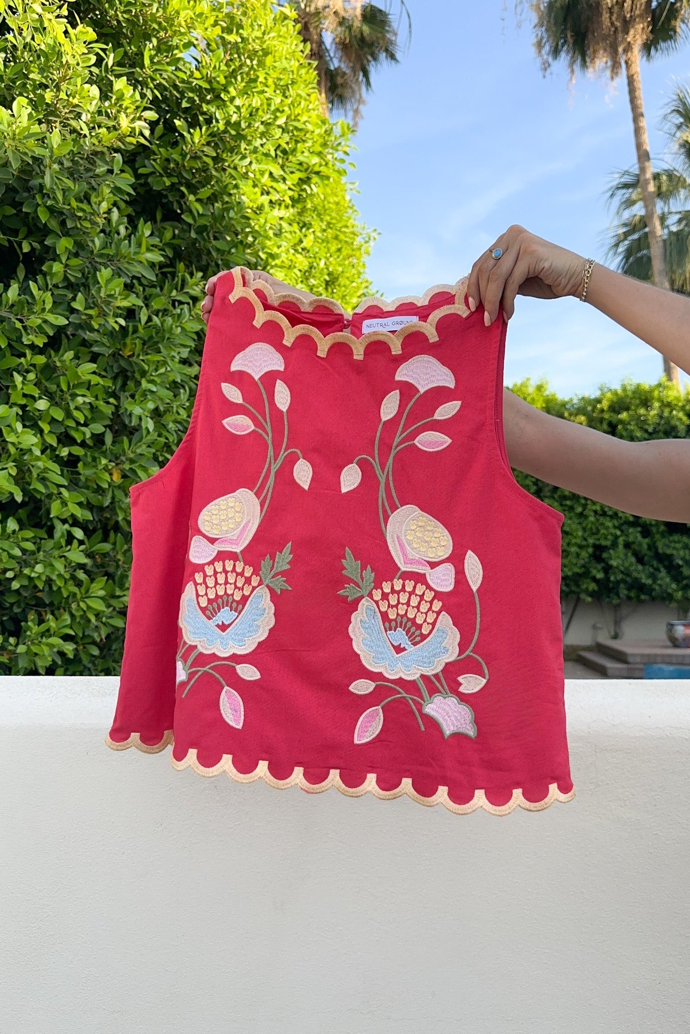 Eloise Sleeveless Floral Embroidered Top in Raspberry
