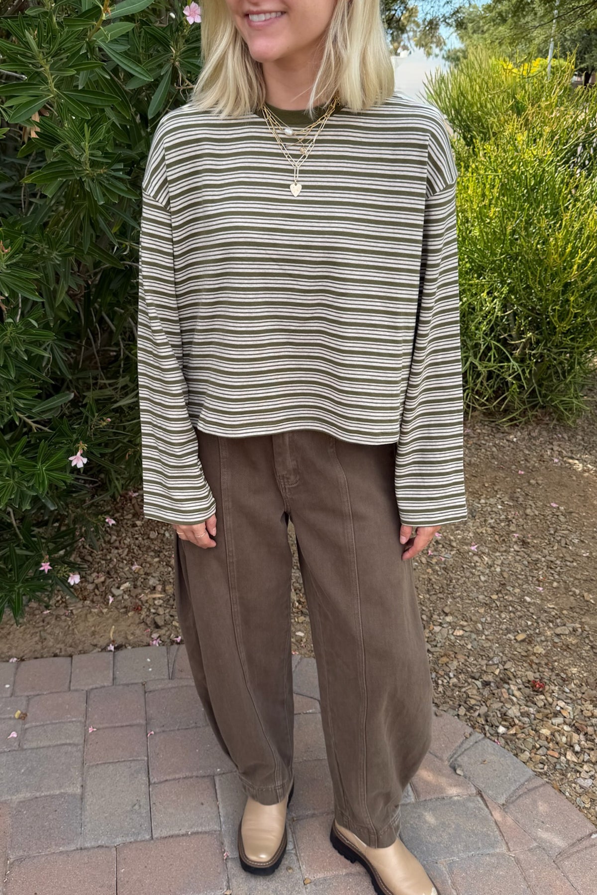 Studio Striped Lightweight Long Sleeve Top in Moss