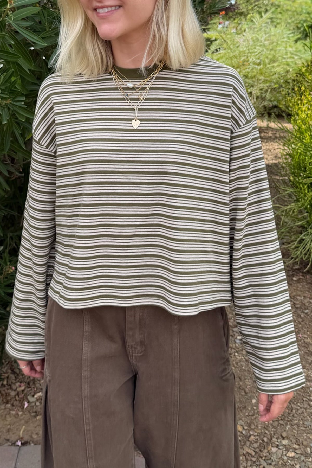Studio Striped Lightweight Long Sleeve Top in Moss