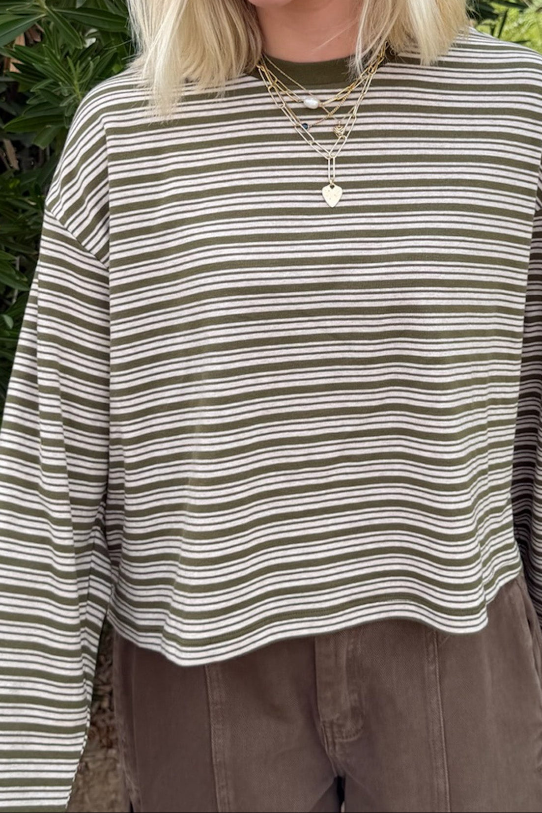 Studio Striped Lightweight Long Sleeve Top in Moss