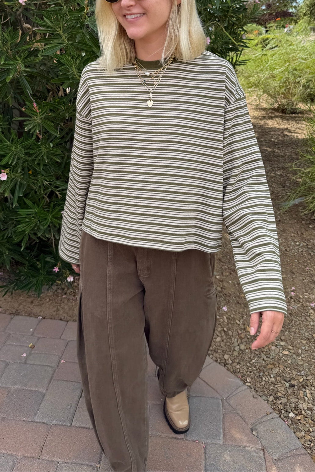 Studio Striped Lightweight Long Sleeve Top in Moss
