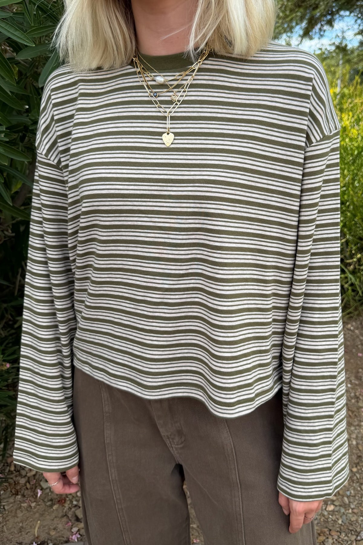 Studio Striped Lightweight Long Sleeve Top in Moss