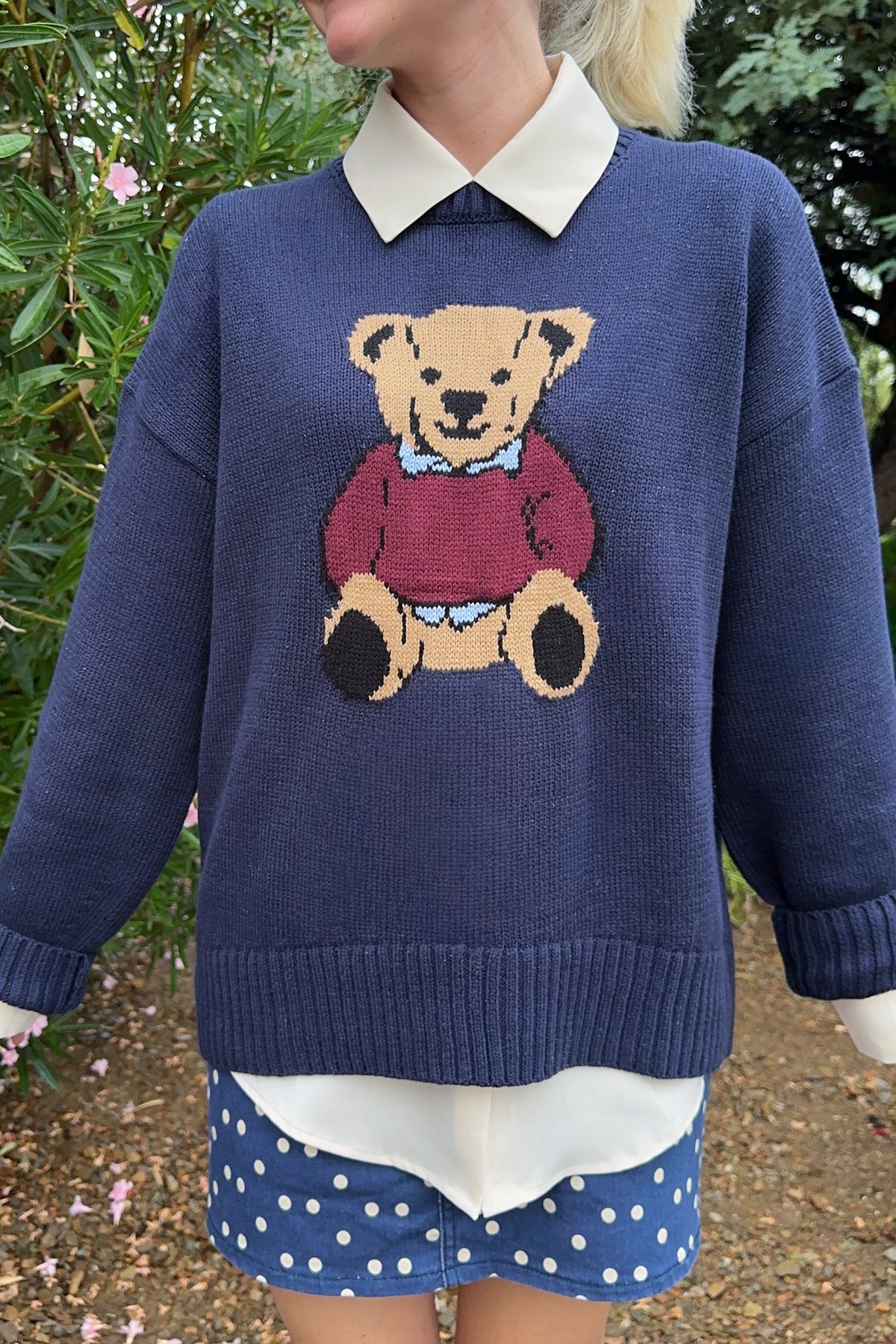 Ralphie Teddy Crew Neck Bear Sweater in Navy Blue