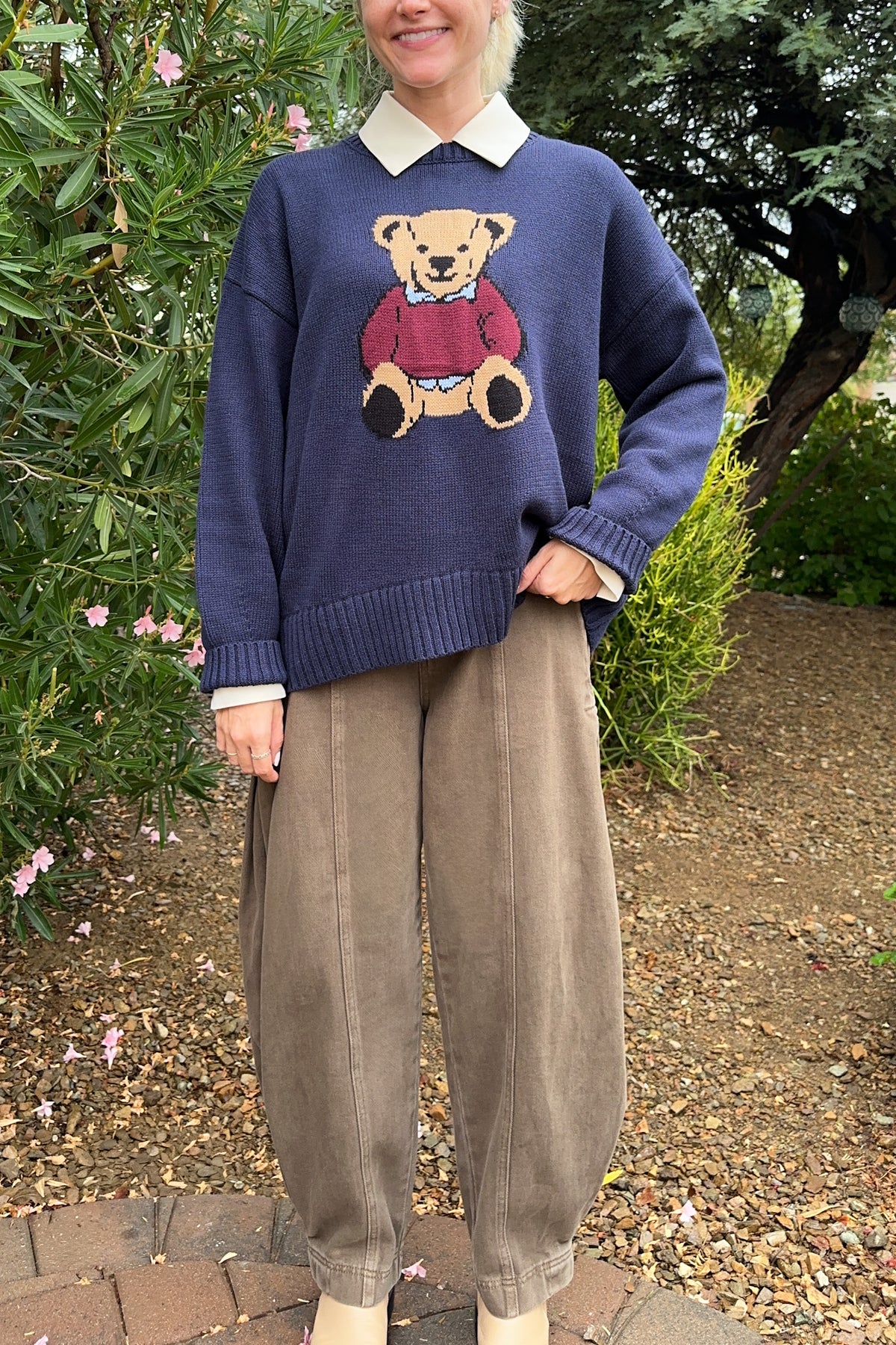 Ralphie Teddy Crew Neck Bear Sweater in Navy Blue