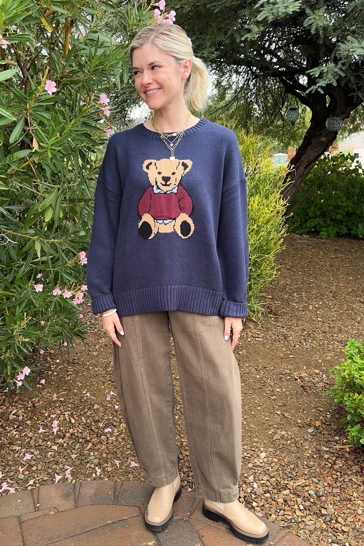 Ralphie Teddy Crew Neck Bear Sweater in Navy Blue