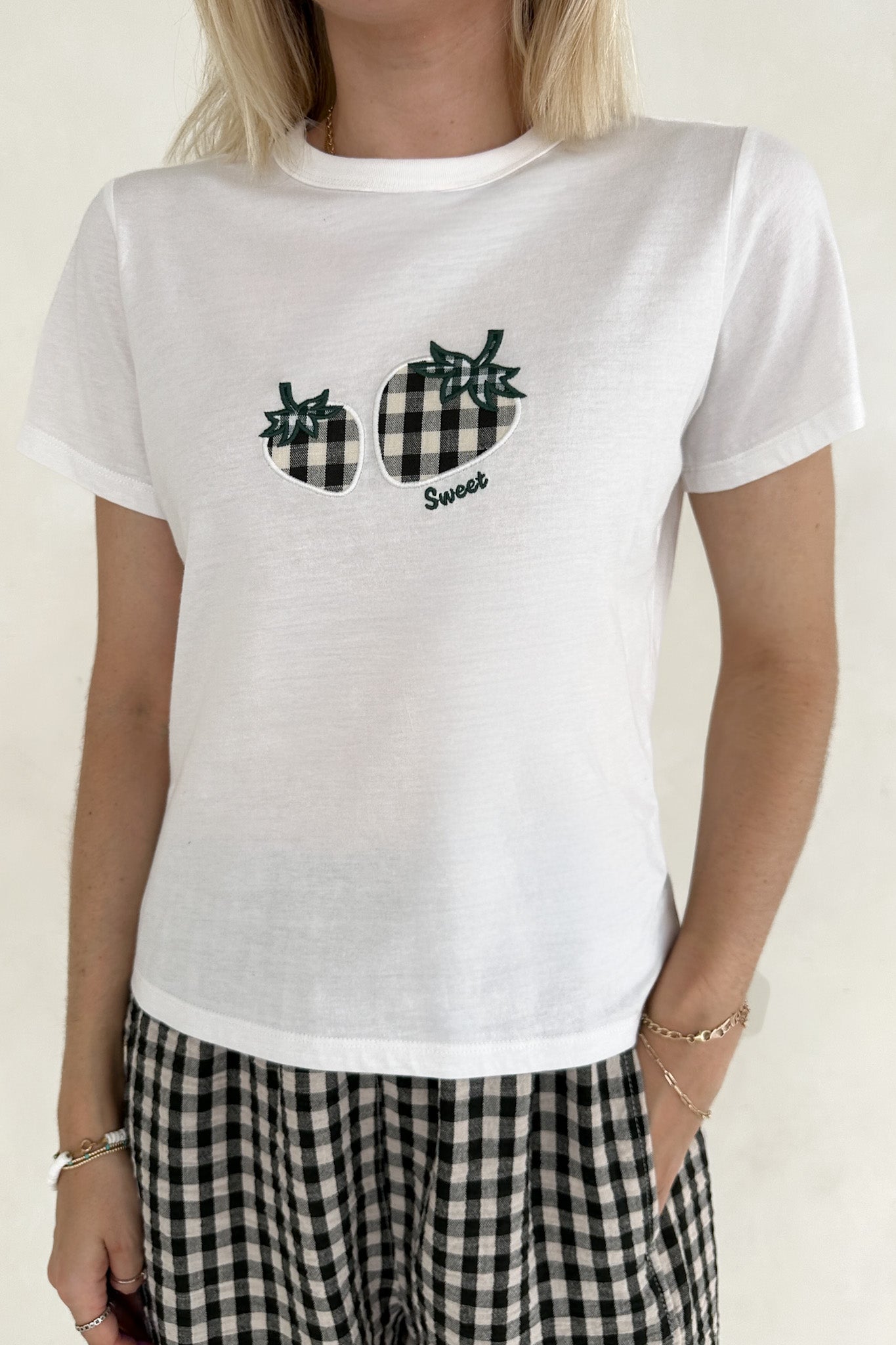 Strawberry Patch 100% Cotton Black and White Gingham T-Shirt