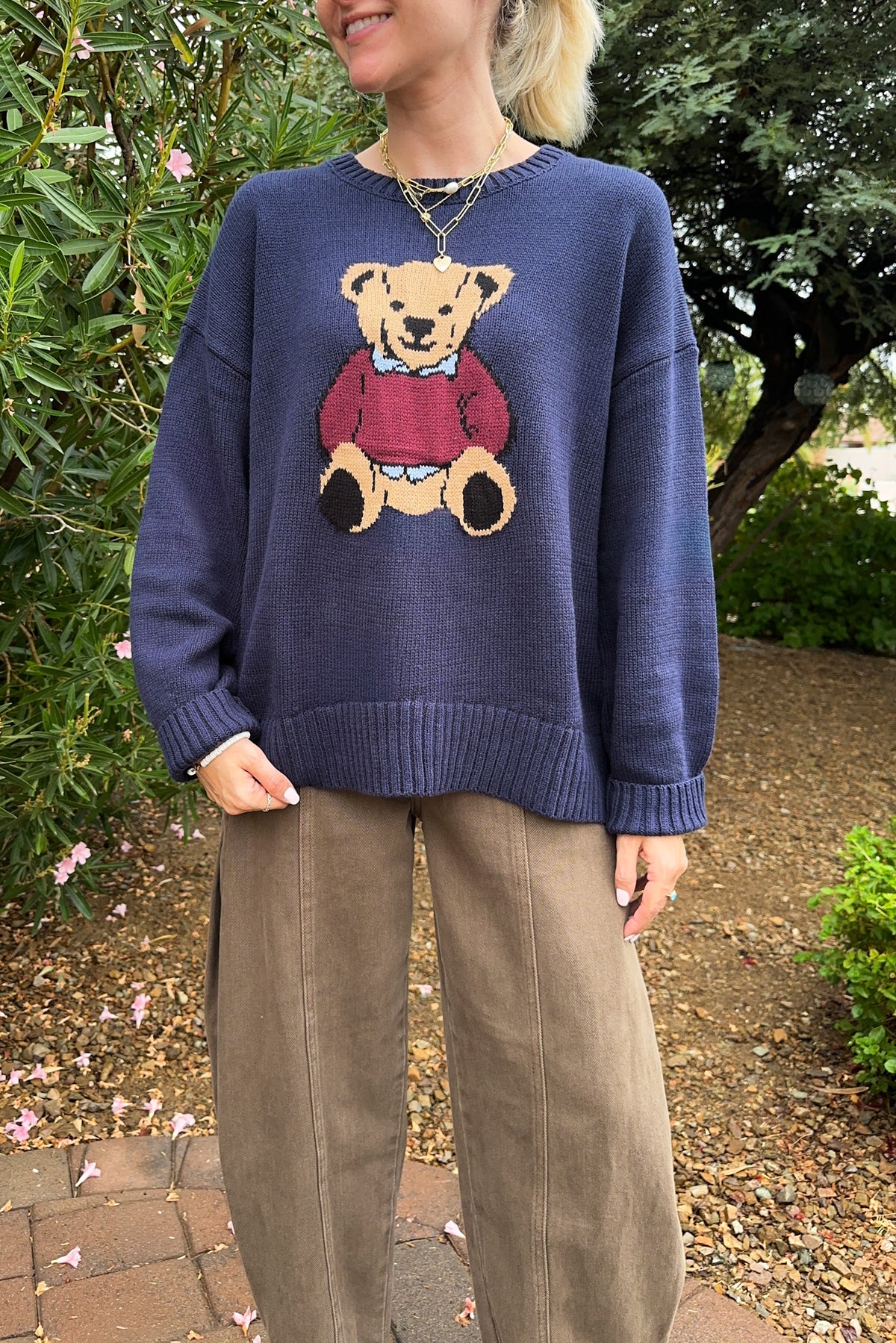 Ralphie Teddy Crew Neck Bear Sweater in Navy Blue