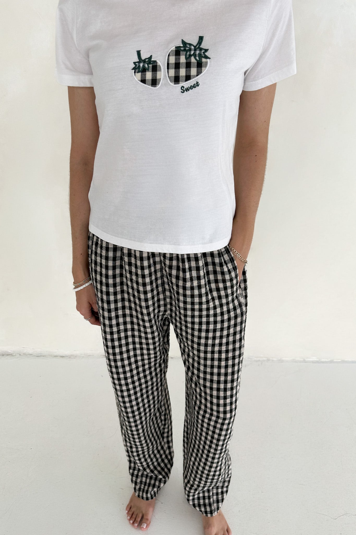 Strawberry Patch 100% Cotton Black and White Gingham T-Shirt