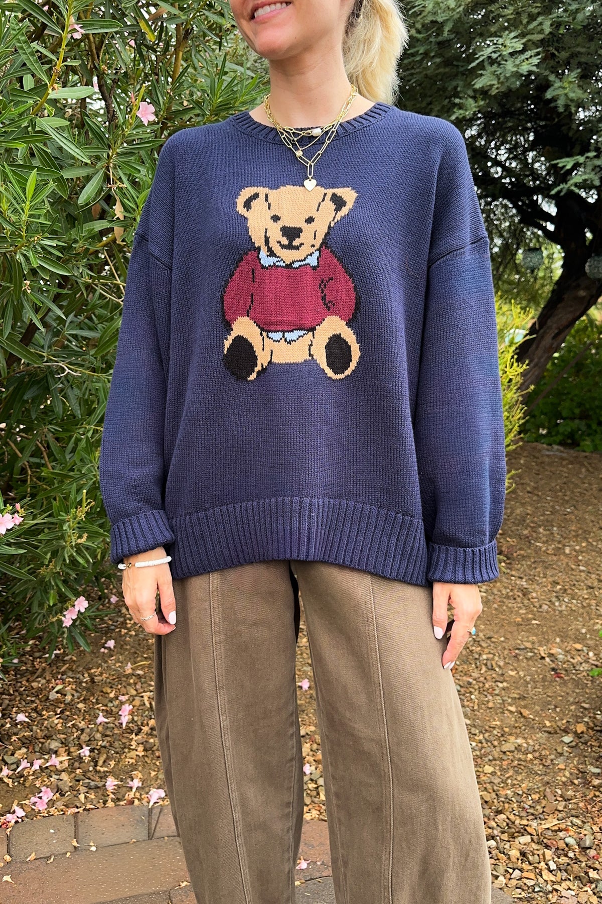 Ralphie Teddy Crew Neck Bear Sweater in Navy Blue