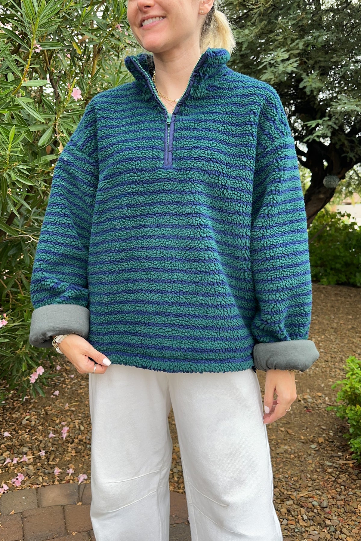 Evergreen Striped Sherpa Quarter Zip Pullover