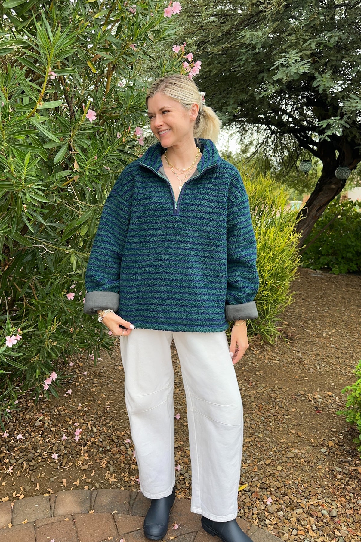 Evergreen Striped Sherpa Quarter Zip Pullover
