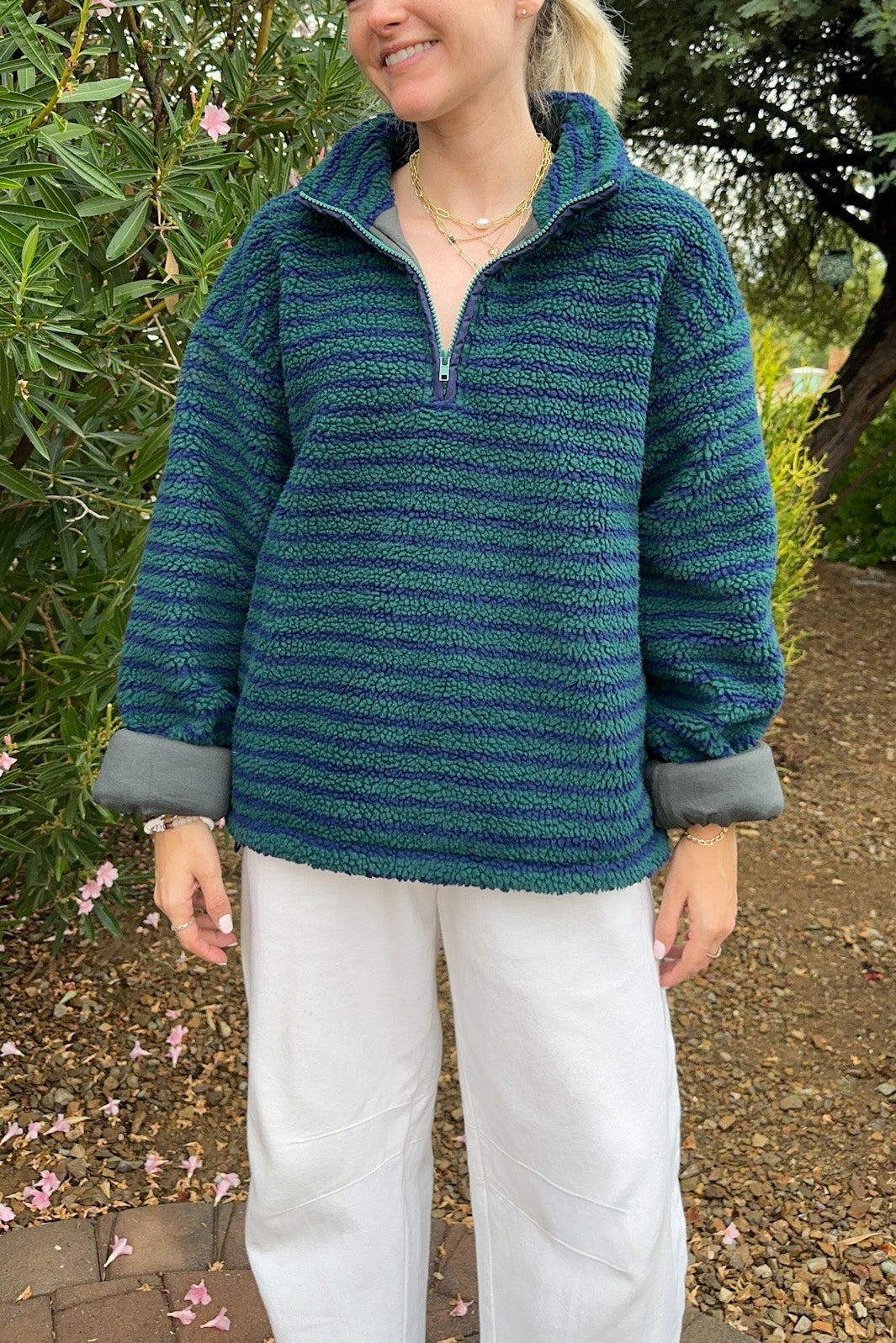 Evergreen Striped Sherpa Quarter Zip Pullover