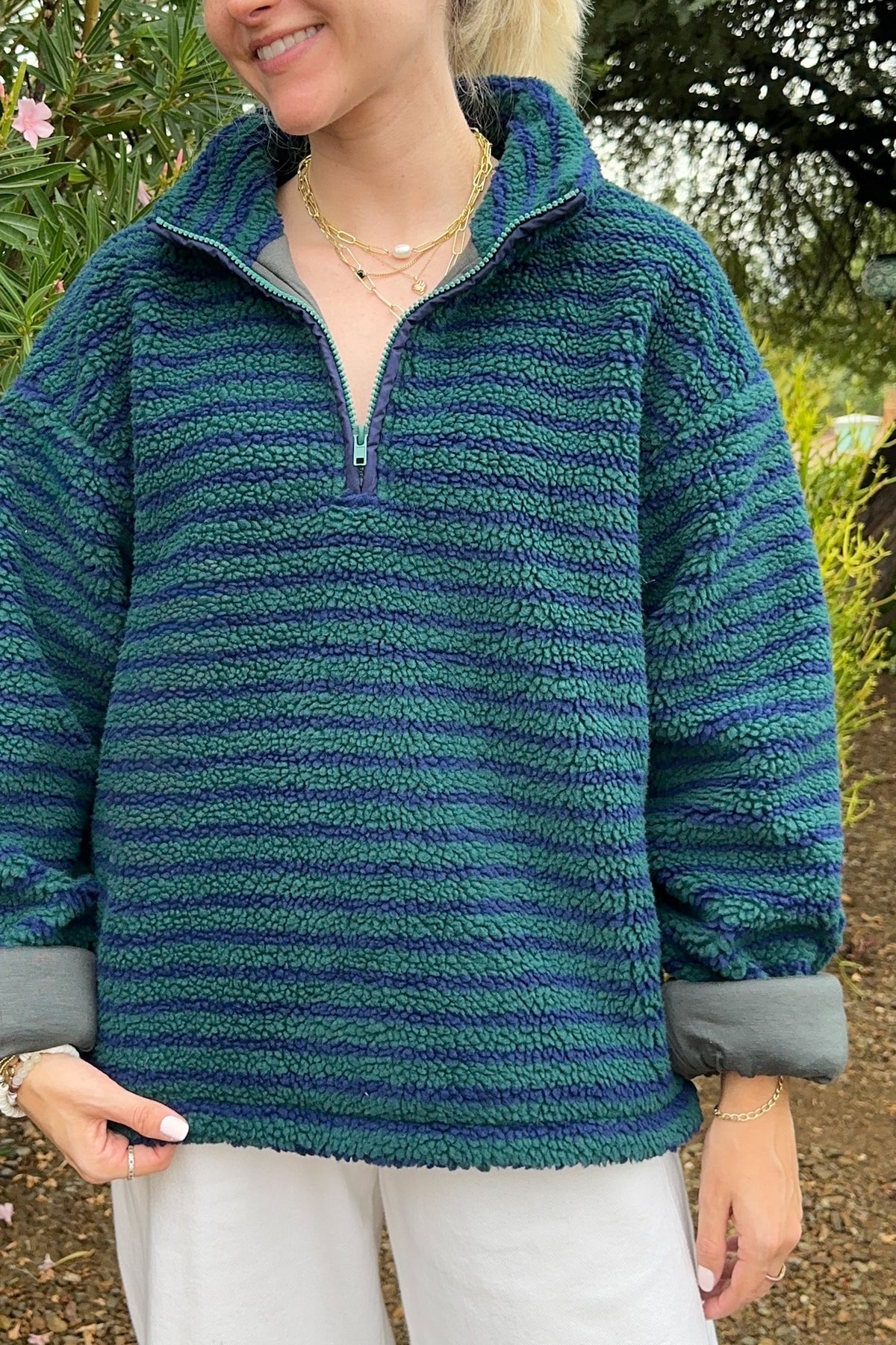 Evergreen Striped Sherpa Quarter Zip Pullover