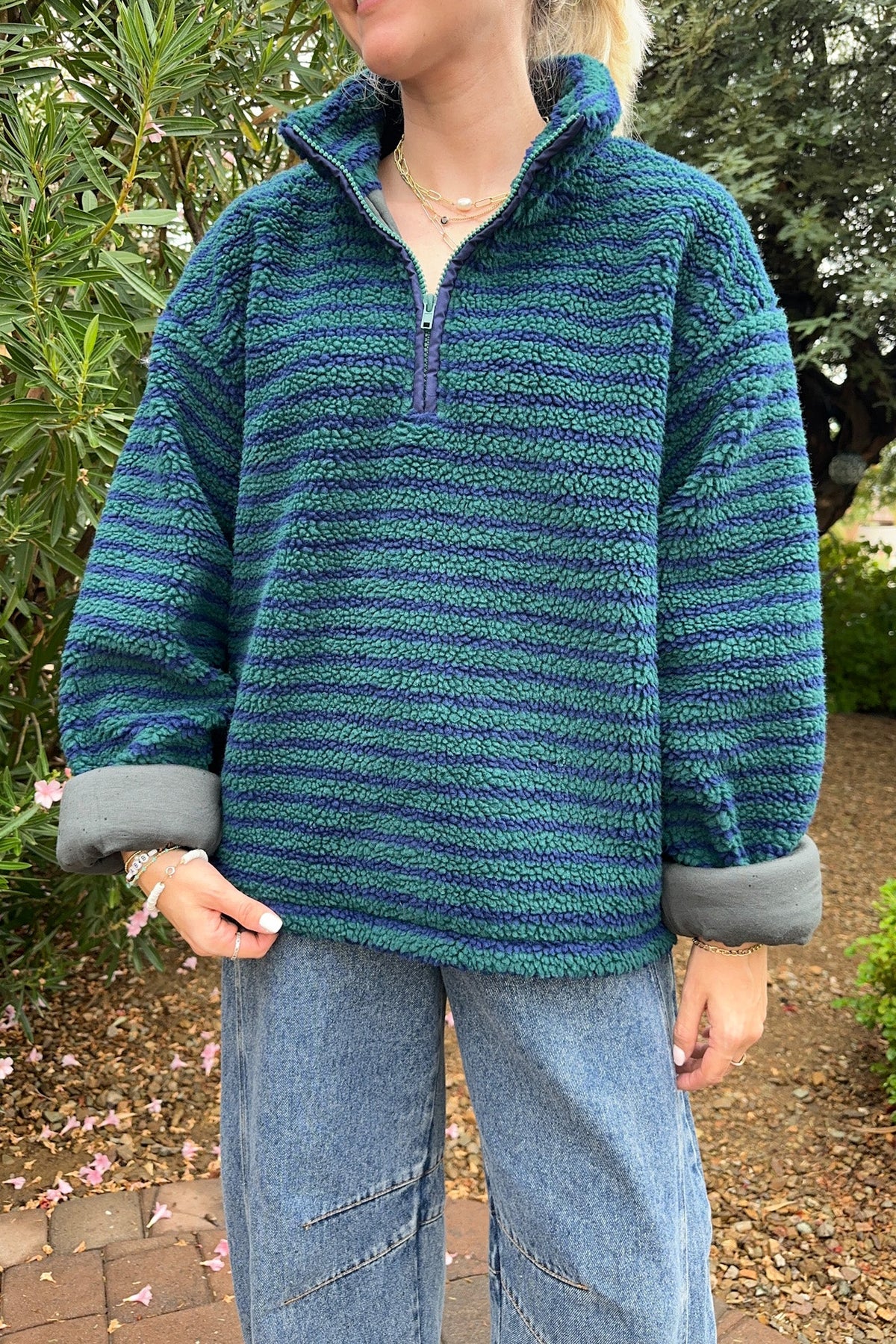 Evergreen Striped Sherpa Quarter Zip Pullover
