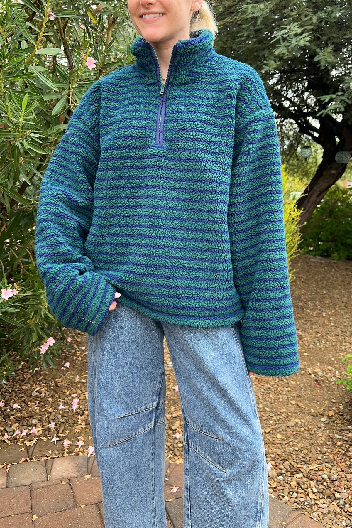 Evergreen Striped Sherpa Quarter Zip Pullover