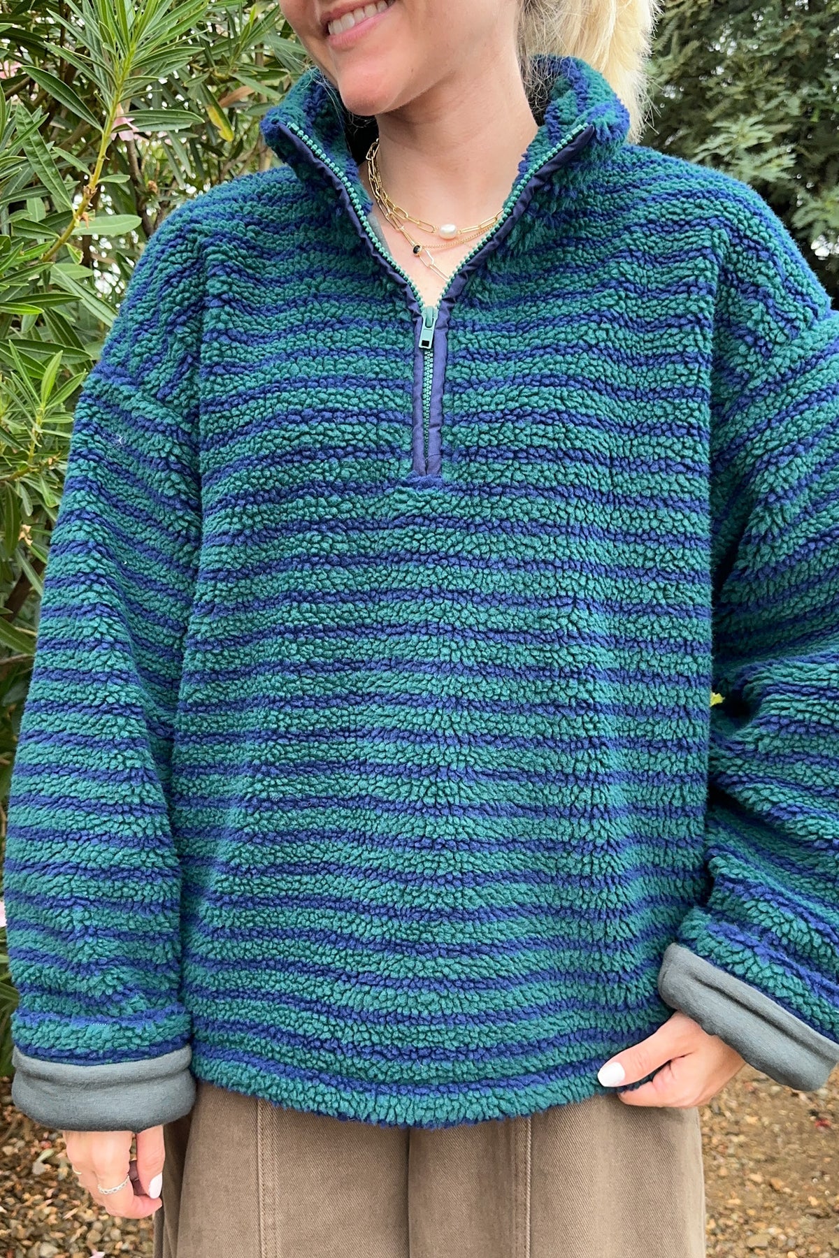 Evergreen Striped Sherpa Quarter Zip Pullover