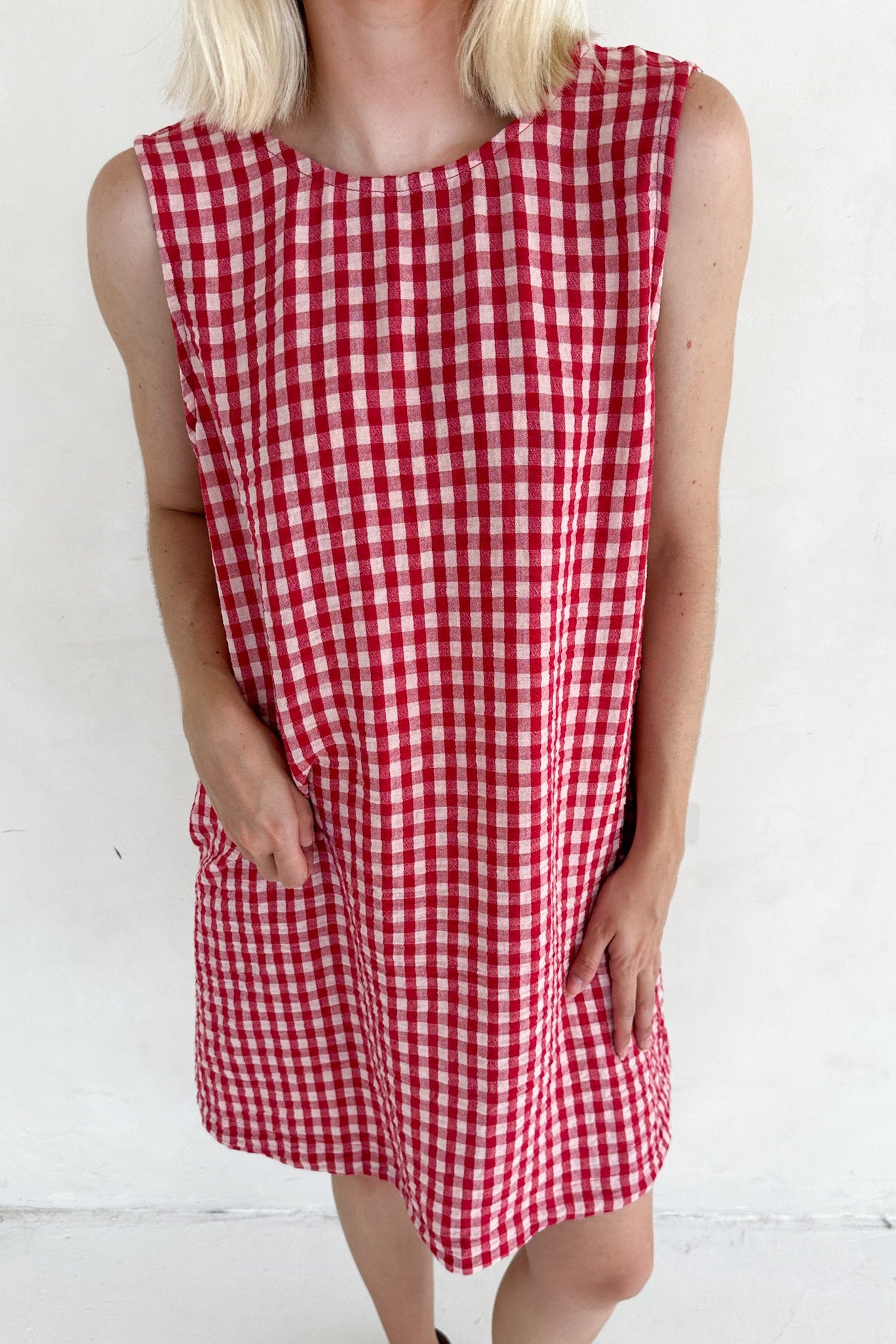 Person wearing a red and white checkered dress against a white background