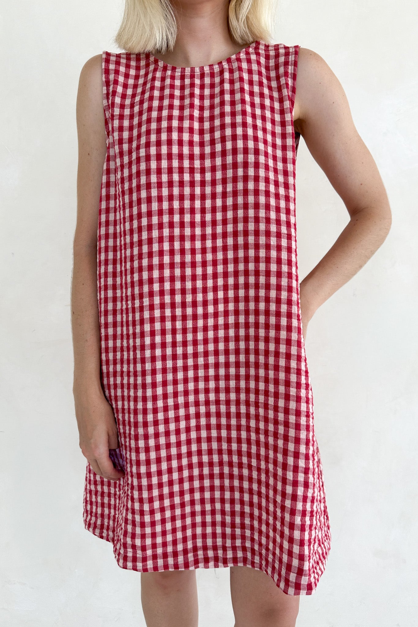 Person wearing a red and white checkered dress against a plain background