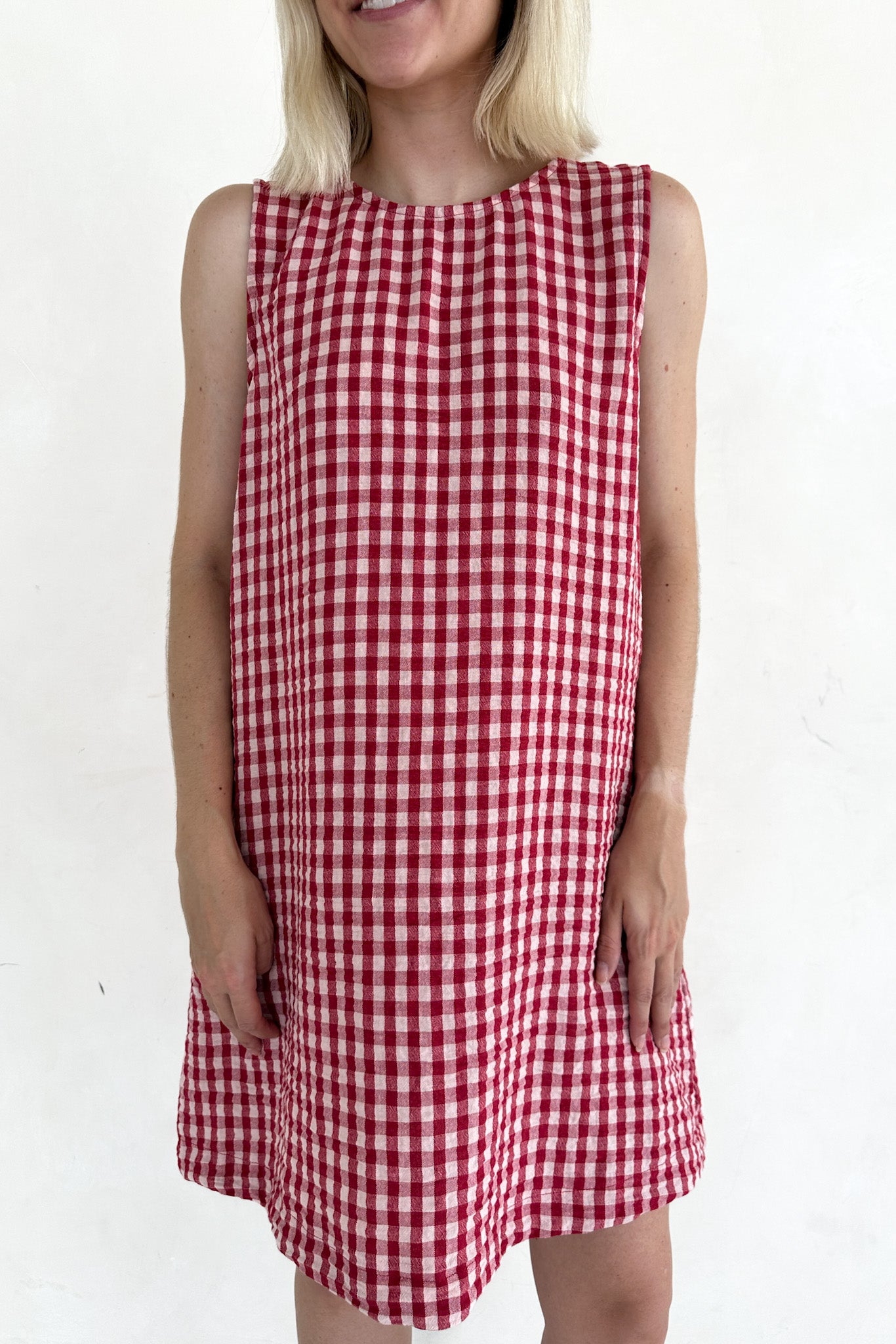 Red and white checkered dress worn by a person on a white background